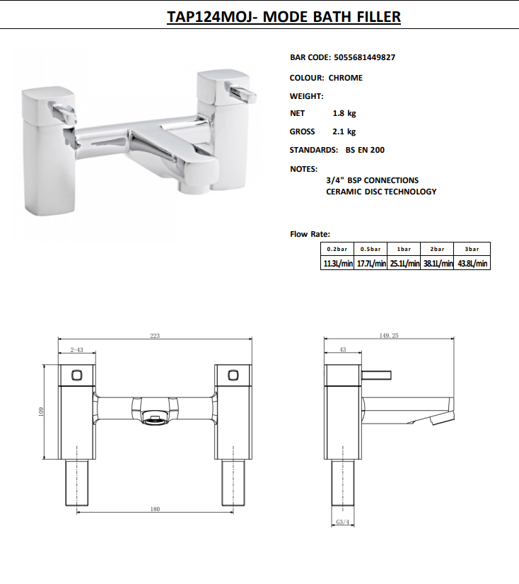 Kartell Mode Brass Bath Filler