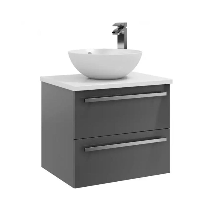Kartell Wall Mounted Cabinet with Ceramic Worktop & Sit On Bowl 600mm x 450mm, Storm Grey Gloss