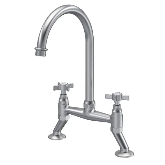 Nuie Kitchen Taps Traditional 2 Tap Hole Bridge Mixer Tap with Crosshead Handles Brushed Nickel