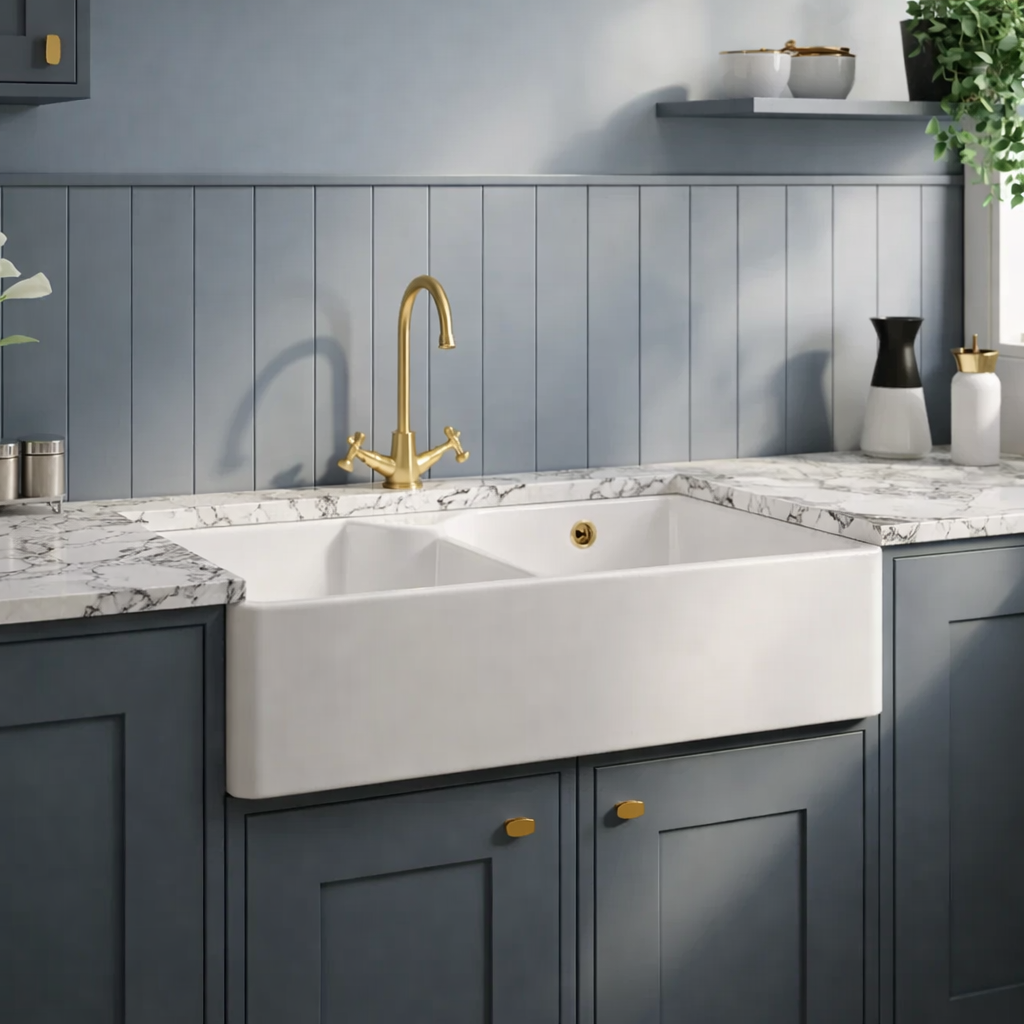 Nuie - Double Bowl Butler Sink – Fireclay Kitchen Sink - White