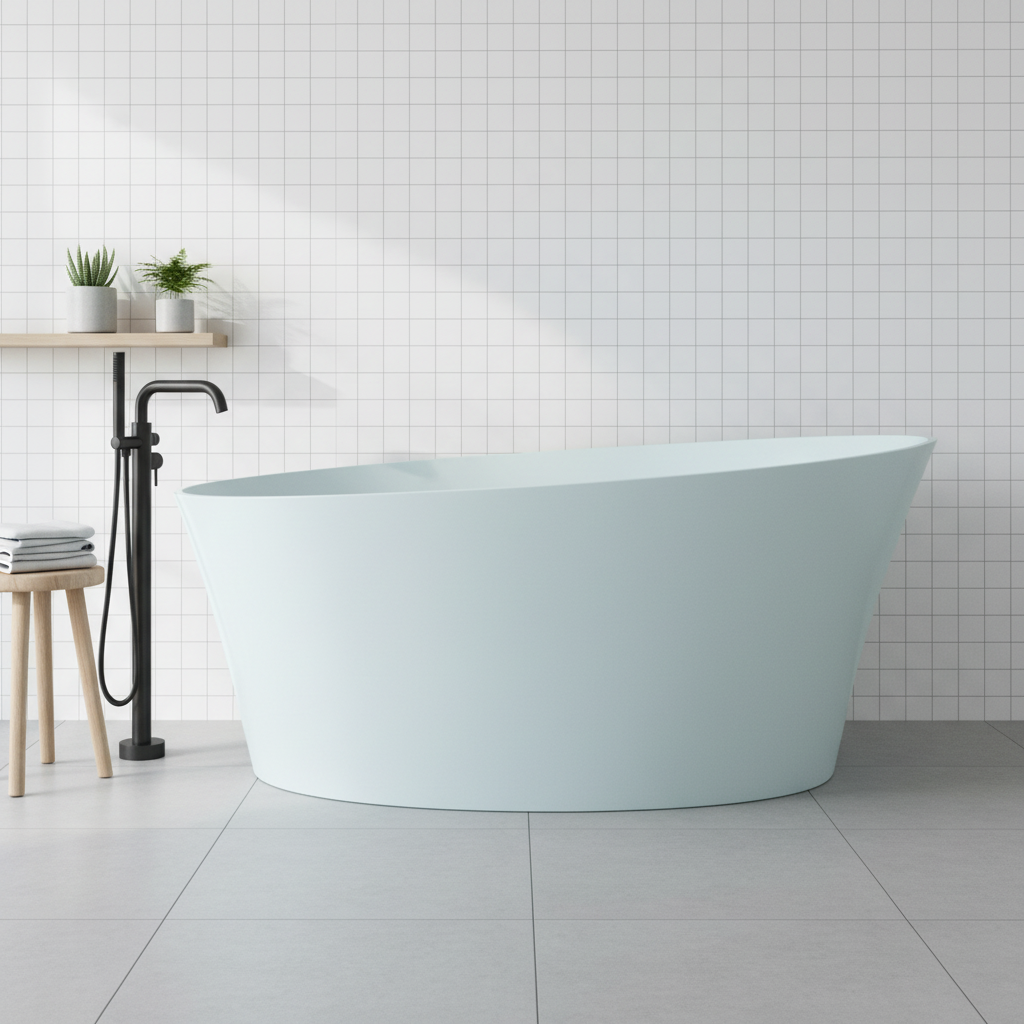 Larger pale blue bath with white tiles