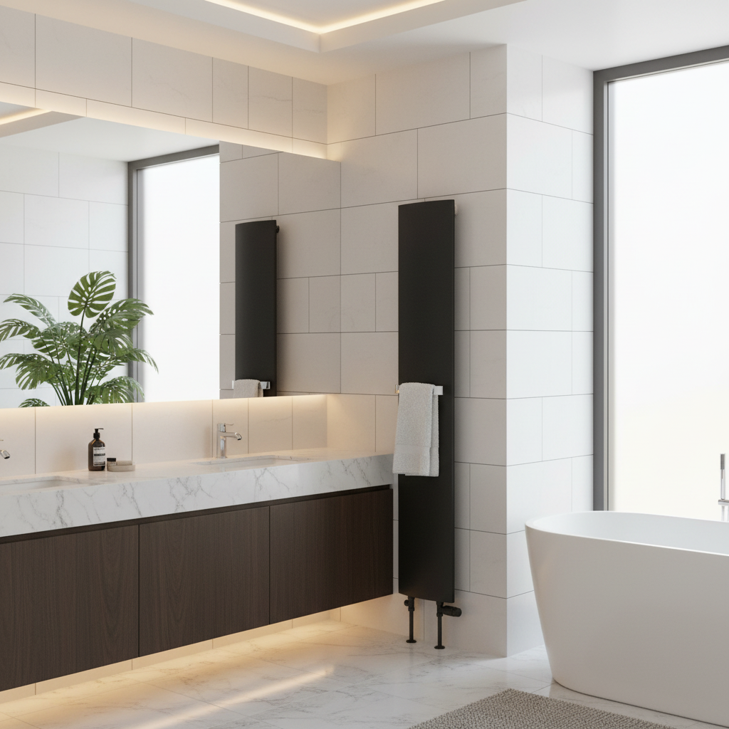 Lifestyle bathroom image with black vertical radiator