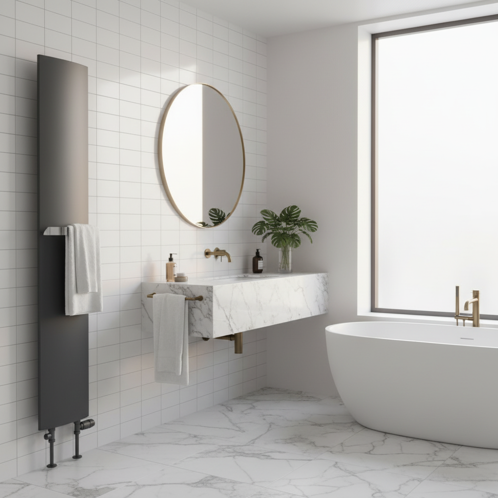 Lifestyle bathroom image with vertical radiator