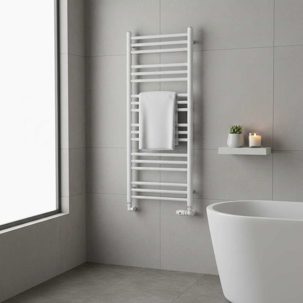 Lifestyle bathroom scene with white towel radiator