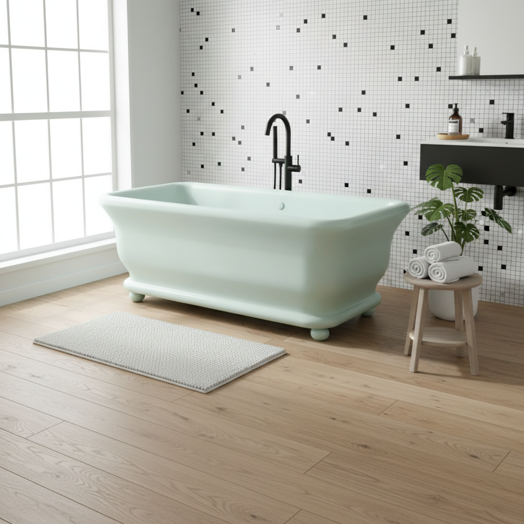 Lifestyle image of mint green Senator Bath with wooden floor