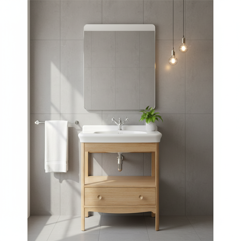Light oak vanity unit in contemporary Scandinavian bathroom - square format