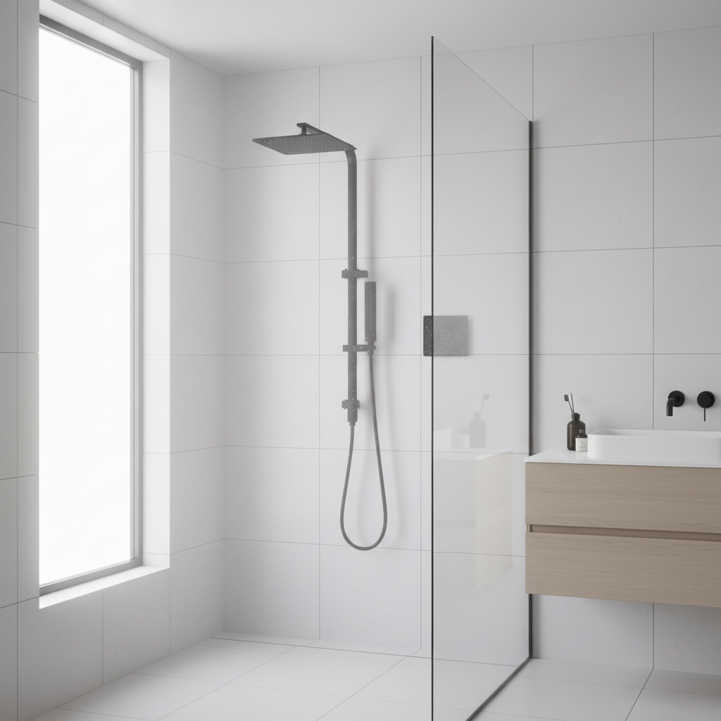 Matt black smart shower system with circular thermostatic valve in bathroom
