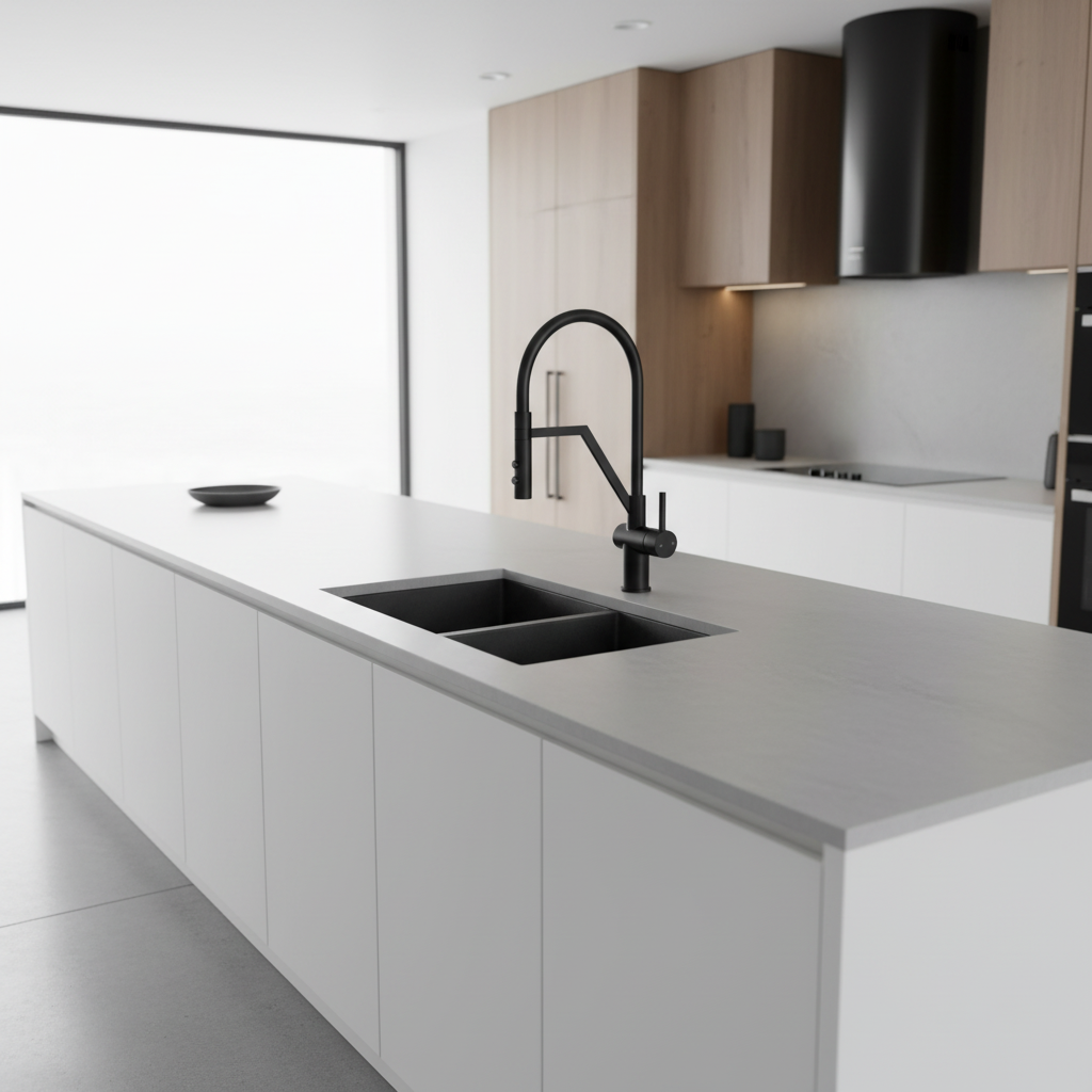Matte black kitchen tap in modern kitchen setting