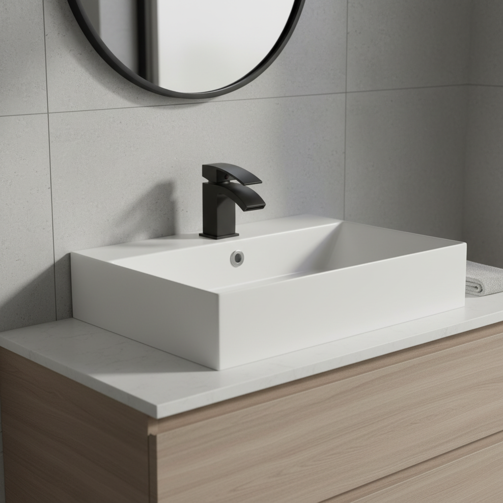 Matte black waterfall tap in bathroom