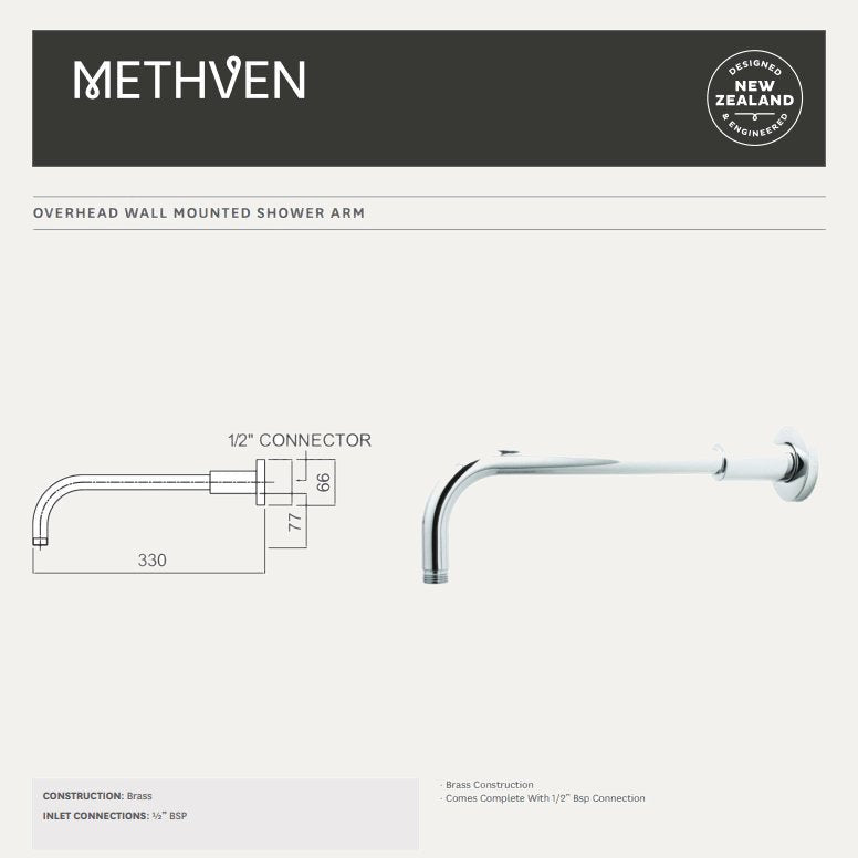 Methven Deva 330mm Overhead Wall Mounted Shower Arm - Chrome