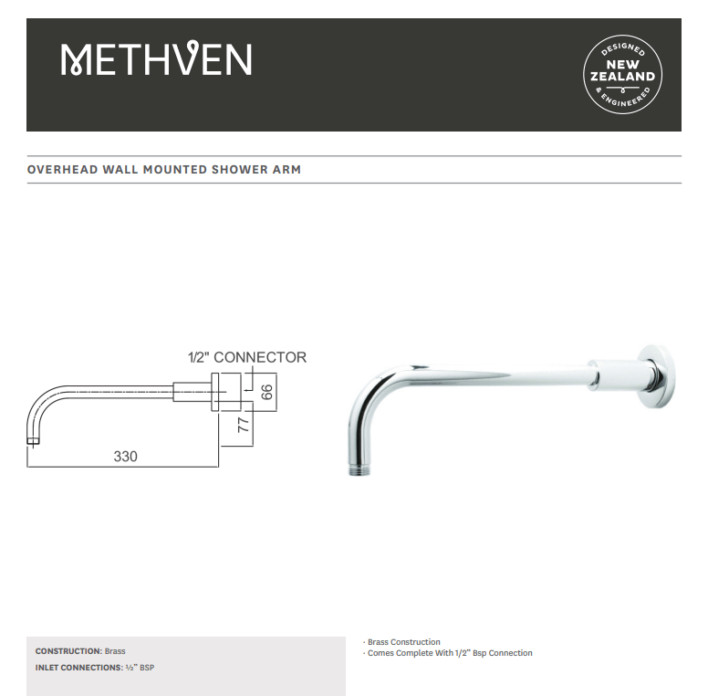 Methven Deva 330mm Overhead Wall Mounted Shower Arm - Chrome