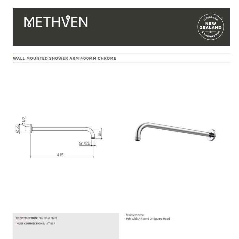 Methven Deva 415mm Overhead Wall Mounted Shower Arm - Chrome