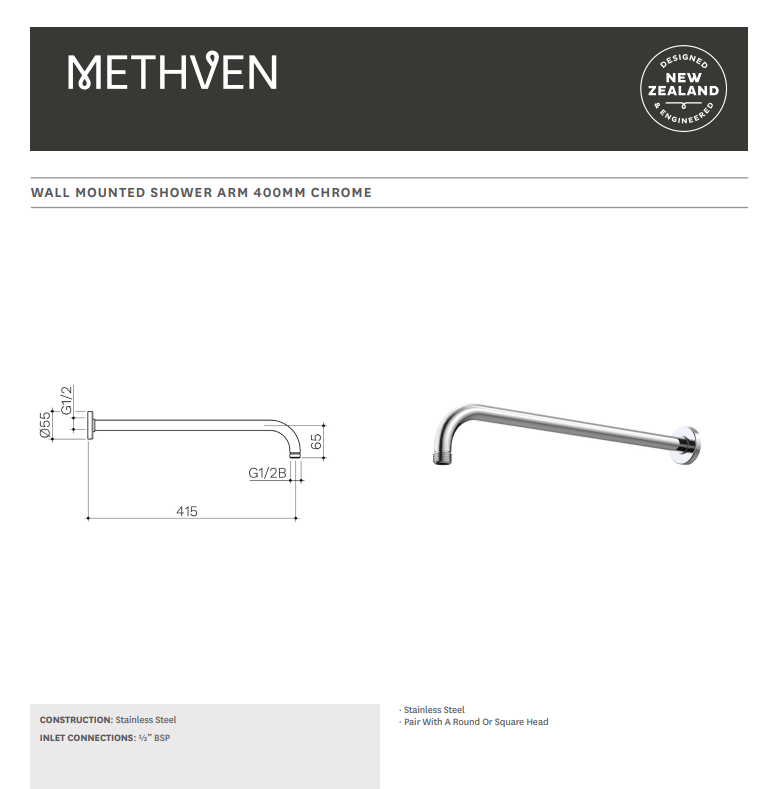 Methven Deva 415mm Overhead Wall Mounted Shower Arm - Chrome