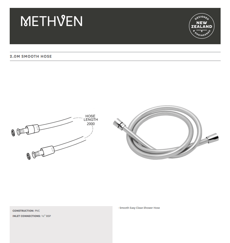 Methven Deva Smooth Shower Hose 2.0m