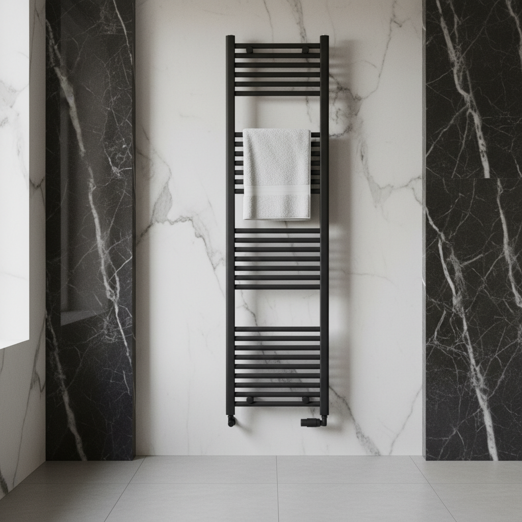 Minimal bathroom with marble walls and tall black towel radiator - no sink
