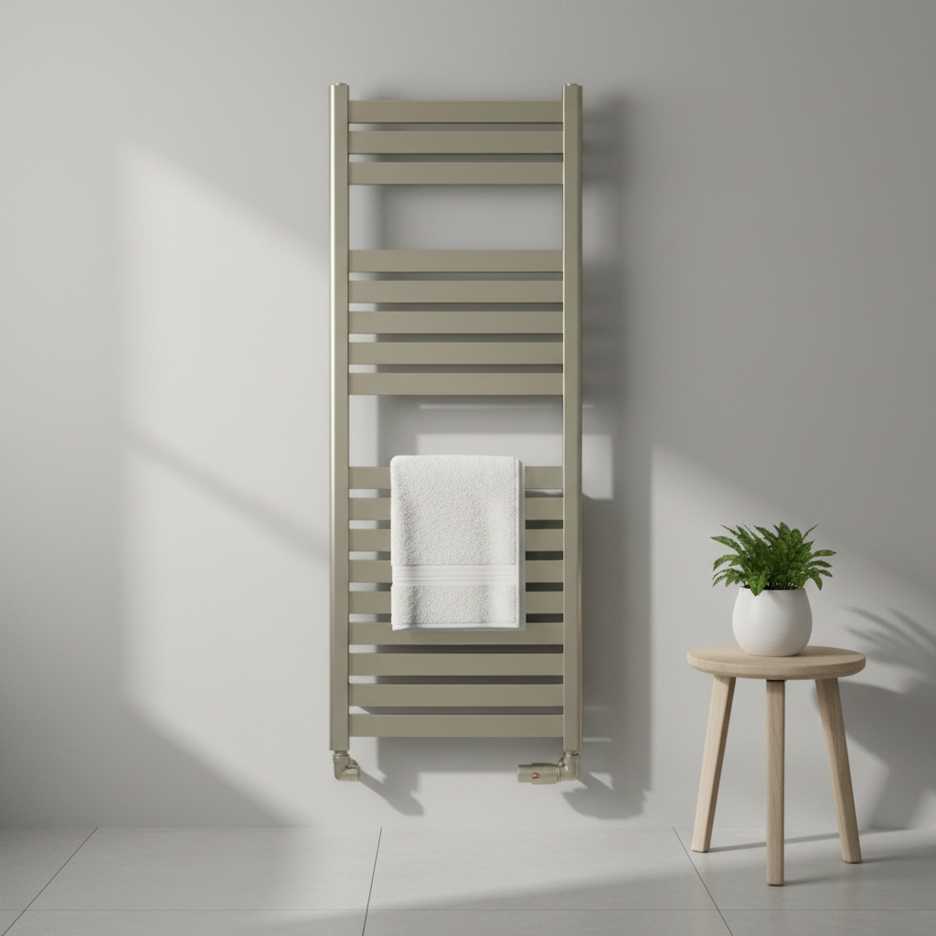 Minimal serene bathroom with brushed nickel towel radiator
