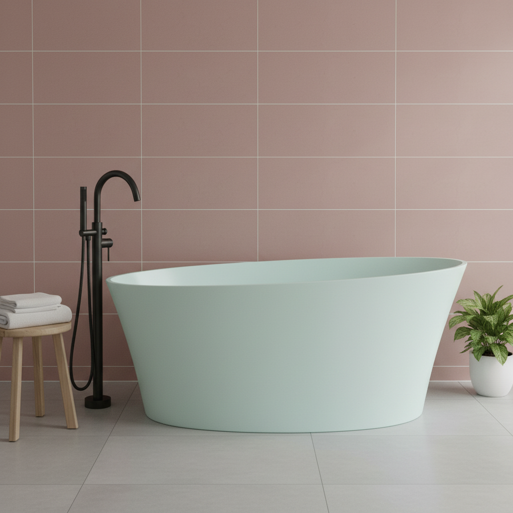 Mint bath with dusty pink tiles and black tap