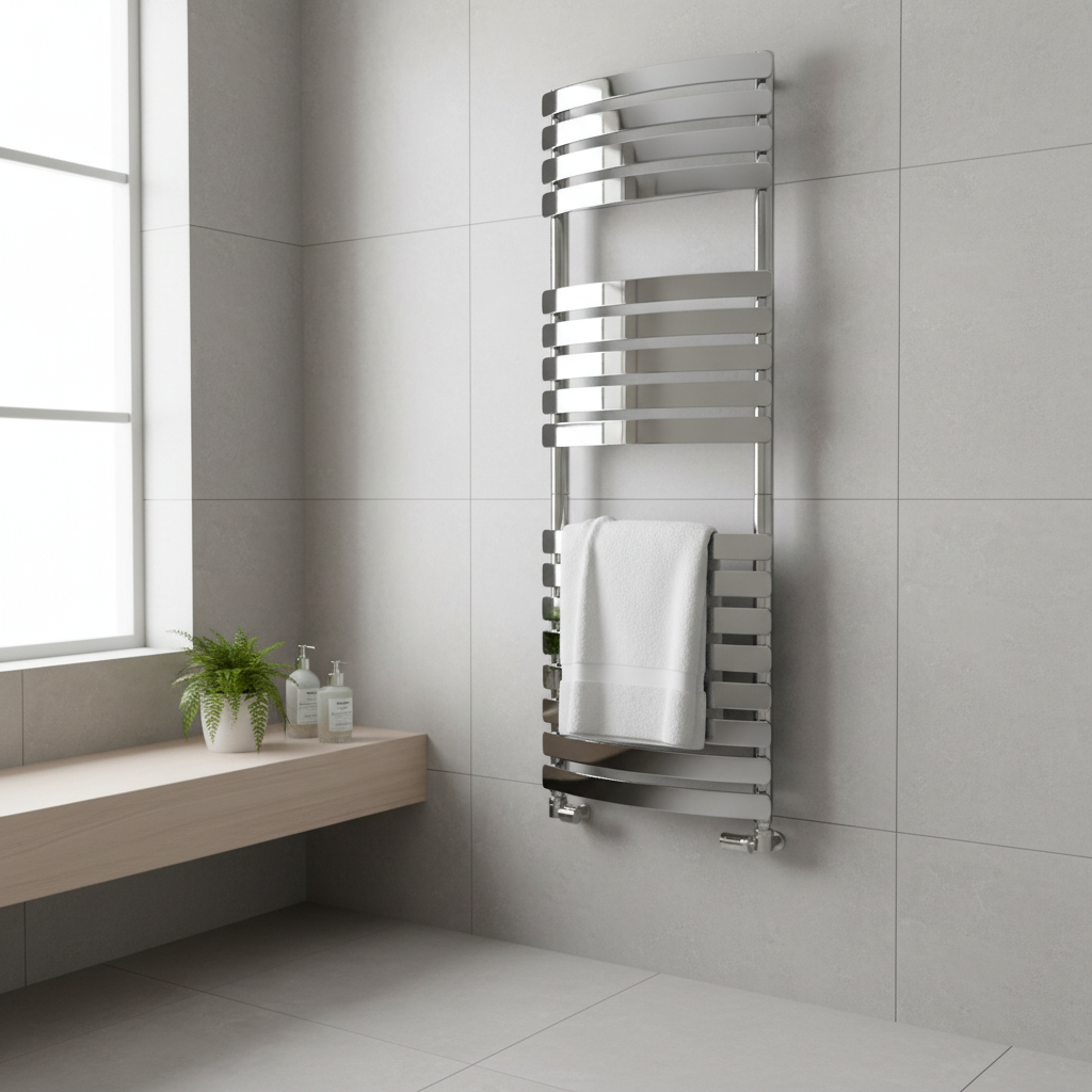 Modern bathroom with chrome curved towel radiator