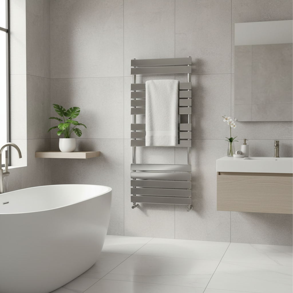 Modern bathroom with chrome flat panel towel radiator