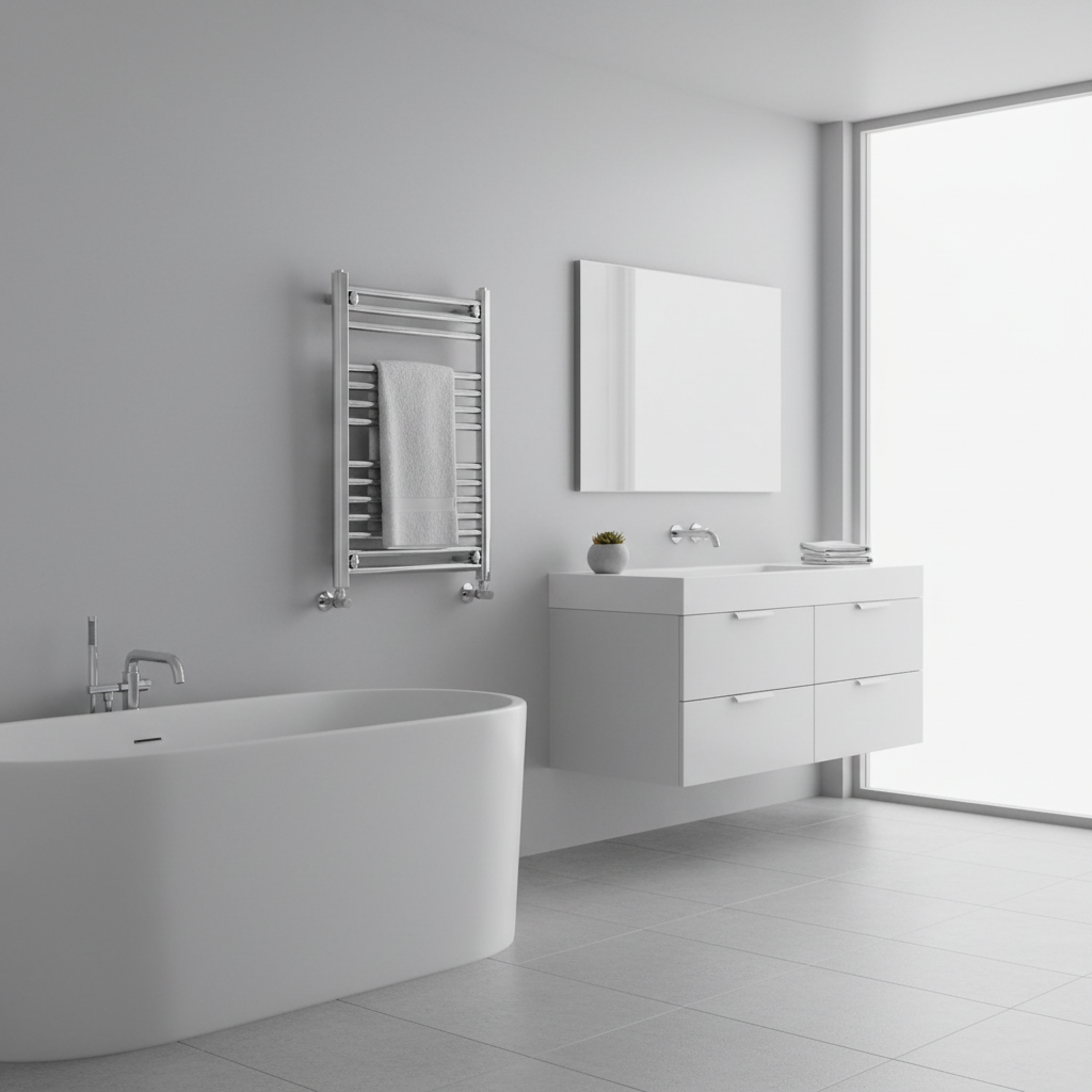 Modern bathroom with chrome towel radiator