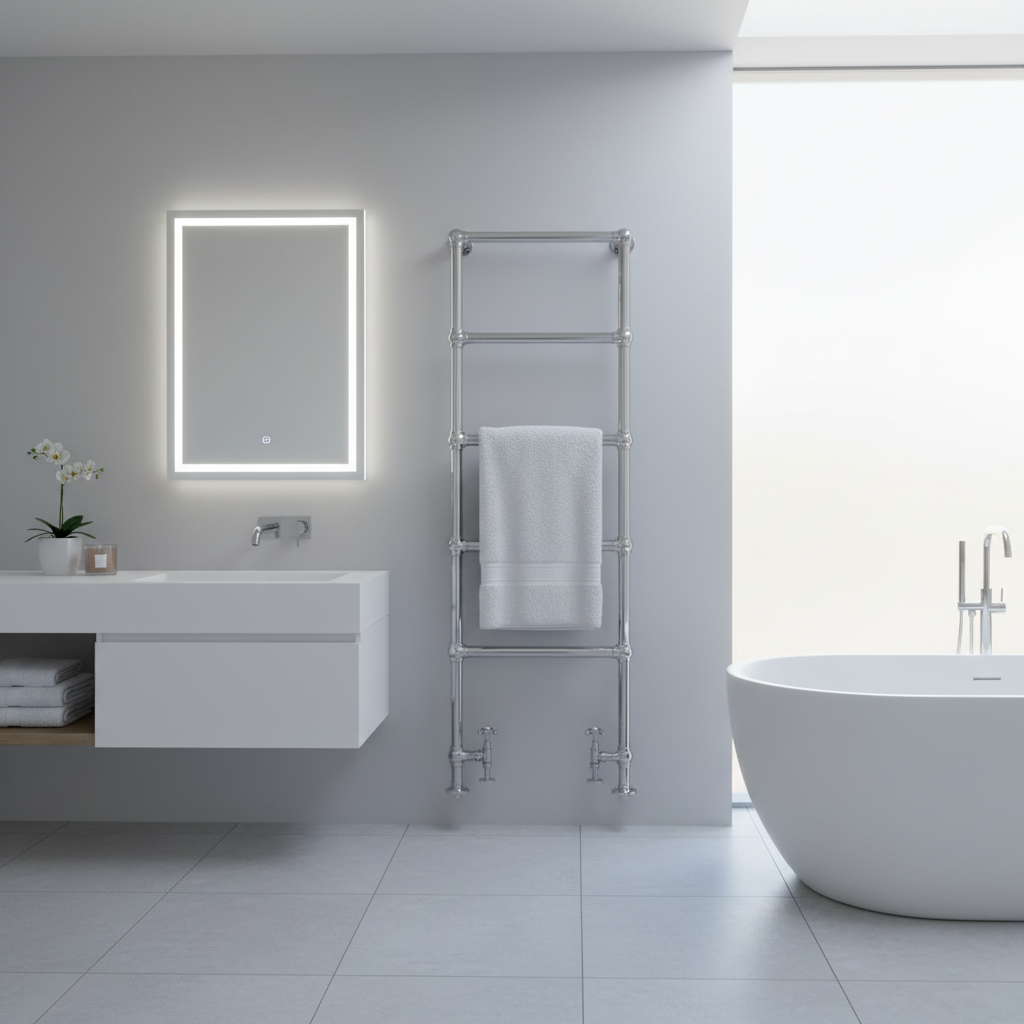 Modern bathroom with chrome towel radiator
