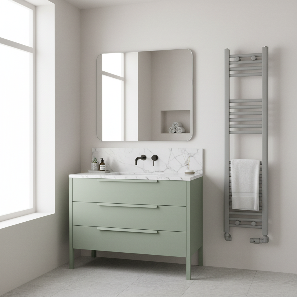 Modern bathroom with grey towel radiator, sage green vanity and different mirror
