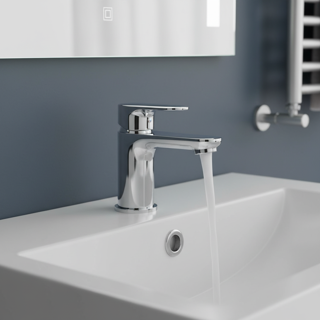 Modern chrome tap in bathroom setting