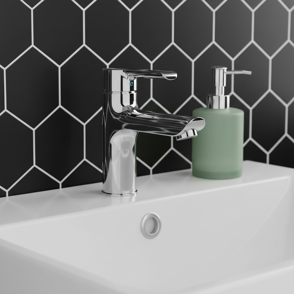 Modern chrome tap with hexagonal tiles