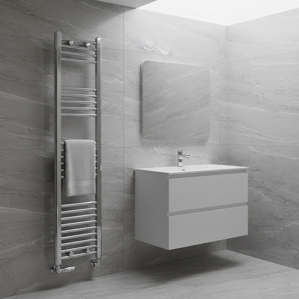 Modern grey marble bathroom with chrome towel radiator
