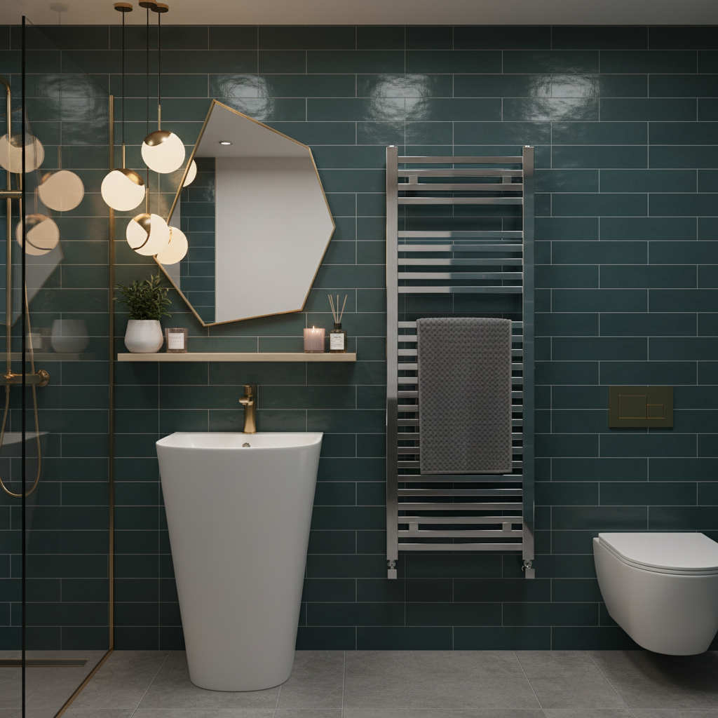 Modern navy bathroom with chrome towel radiator