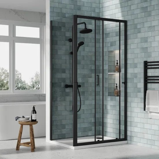 Nuie 1000x700mm Matt Black Sliding Door Shower Enclosure Including Tray