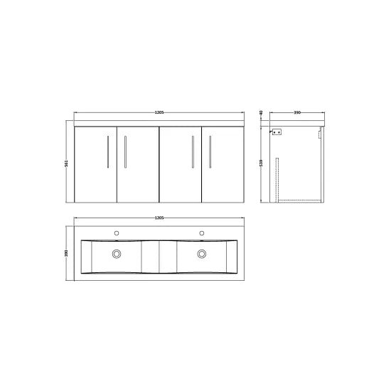 Nuie 1200mm Wall Hung 4 - Door Vanity & Double Basin