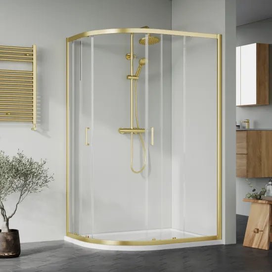 Nuie 1200x900x1900mm Brushed Brass Right Hand Offset Quadrant Shower Enclosure With Tray