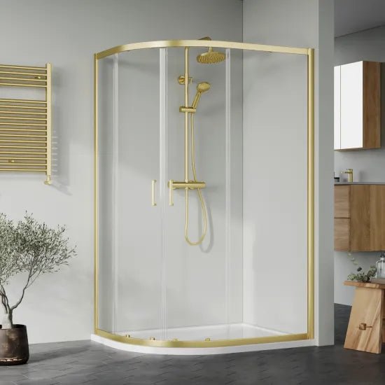 Nuie 1200x900x1900mm Brushed Brass Right Hand Offset Quadrant Shower Enclosure With Tray