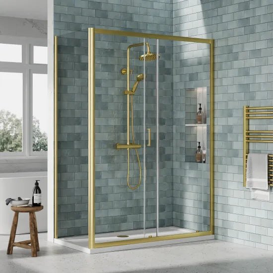 Nuie 1400x700x1900mm Brushed Brass Sliding Door Shower Enclosure Including Tray