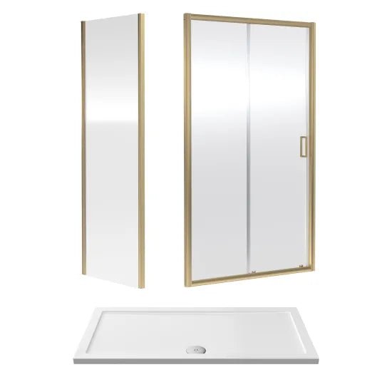 Nuie 1400x700x1900mm Brushed Brass Sliding Door Shower Enclosure Including Tray
