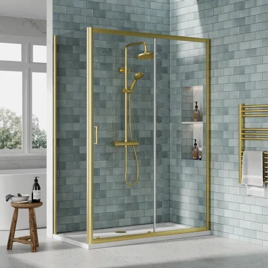 Nuie 1400x700x1900mm Brushed Brass Sliding Door Shower Enclosure Including Tray