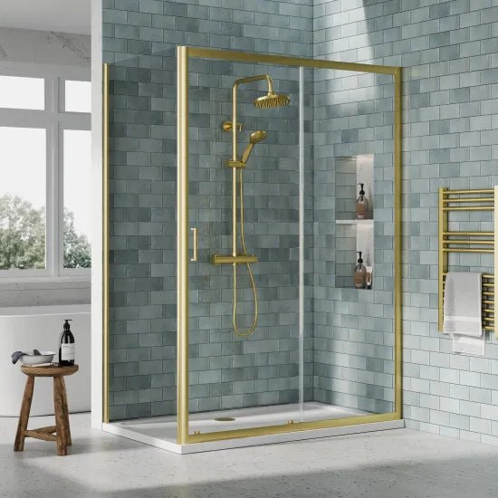 Nuie 1400x800mm Brushed Brass Rectangular Sliding Shower Enclosure Including Tray