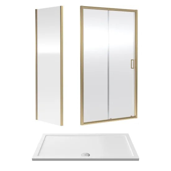 Nuie 1400x800mm Brushed Brass Rectangular Sliding Shower Enclosure Including Tray