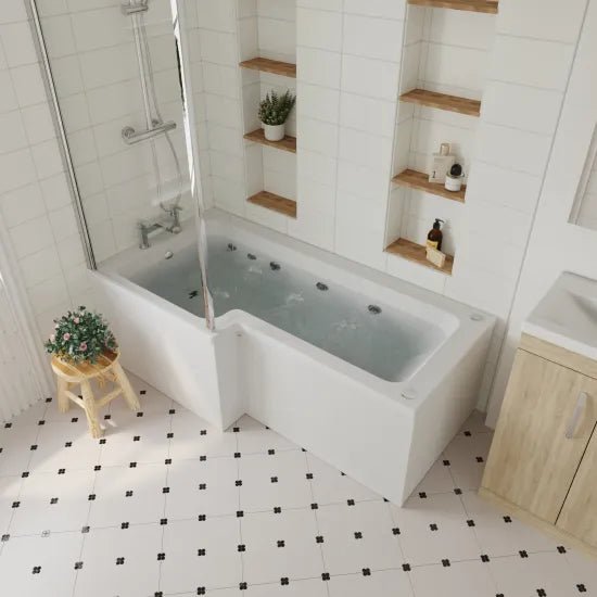 Nuie 1500mm L Shape 8 Jet Whirlpool Bath Left Hand - Chrome