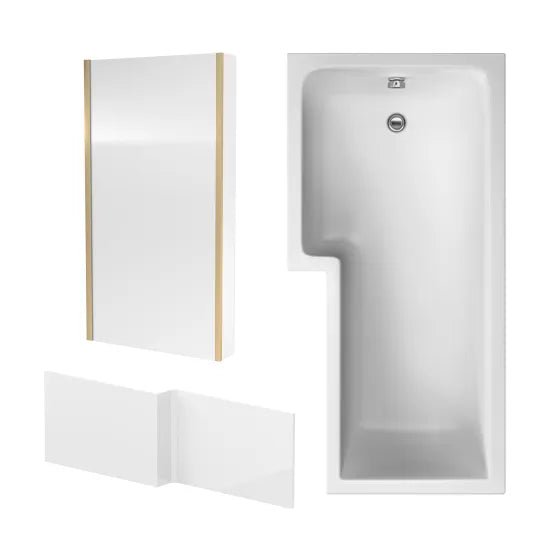 Nuie 1700mm Left Hand L - Shaped White Shower Bath With Bath Screen, Panel & Leg Set