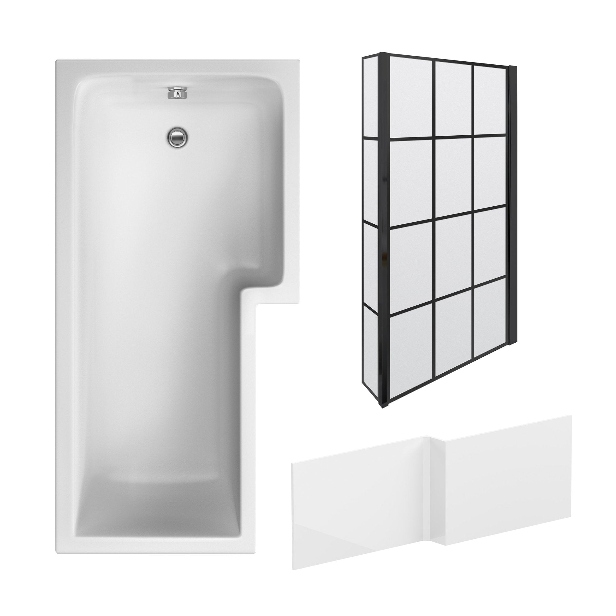 Nuie 1700mm Right Hand L - Shaped Shower Bath With Black Screen & Side Panel