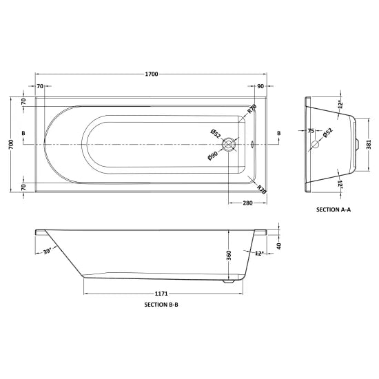 Nuie 1700mm x 700mm Round Single Ended 6 Jet Whirlpool Bath - Chrome