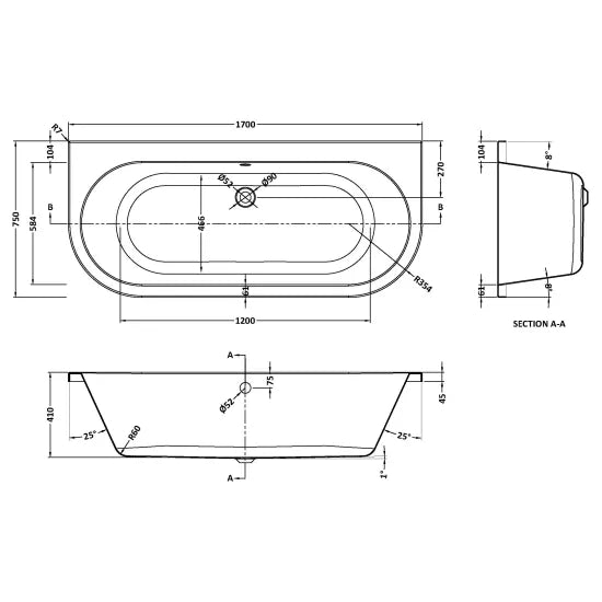 Nuie 1700mm x 750mm Back to Wall 11 Jet Hydrotherapy Bath with Light - Chome