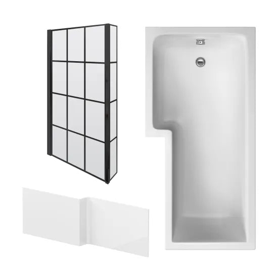 Nuie 1700mm x 850mm L - Shaped White Left Hand Shower Bath Including Black Screen & Side Panel