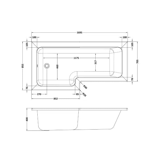 Nuie 1700mm x 850mm L - Shaped White Left Hand Shower Bath Including Black Screen & Side Panel