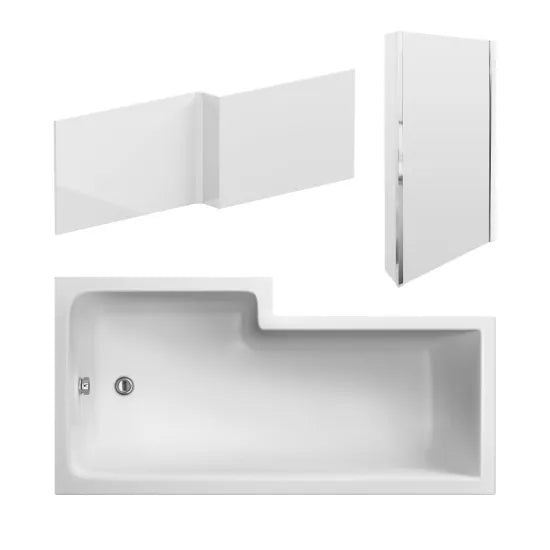 Nuie 1800mm Right Hand Square Shower Bath Set Including Fixed Screen, Side Panel & Leg Set