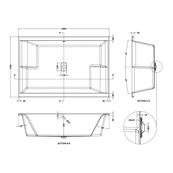 Nuie 1800mm x 1200 18 Jet Hydrotherapy Inset Bath with Light - Chome