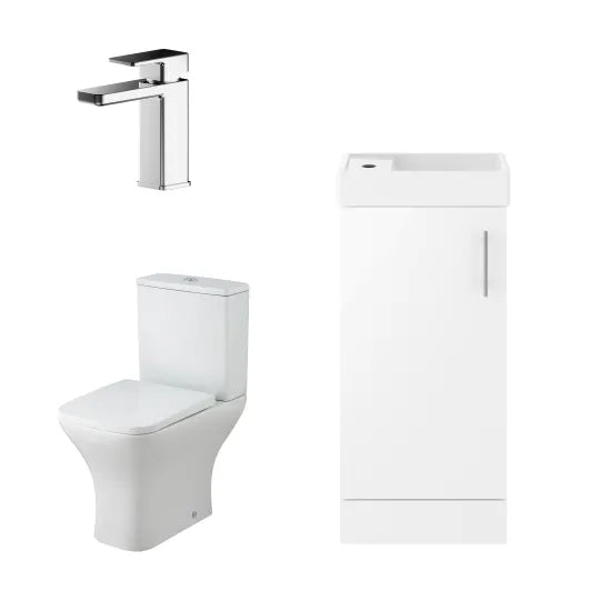 Nuie 400mm Gloss White Floor Standing Unit With Toilet, Basin, Tap, Soft Close Seat & Waste
