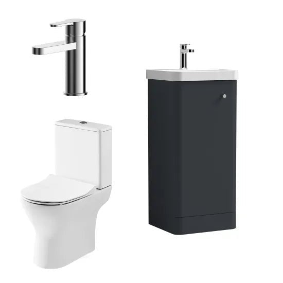 Nuie 400mm Soft Black Floor Standing Unit With Basin, Toilet, Tap, Soft Close Seat & Waste
